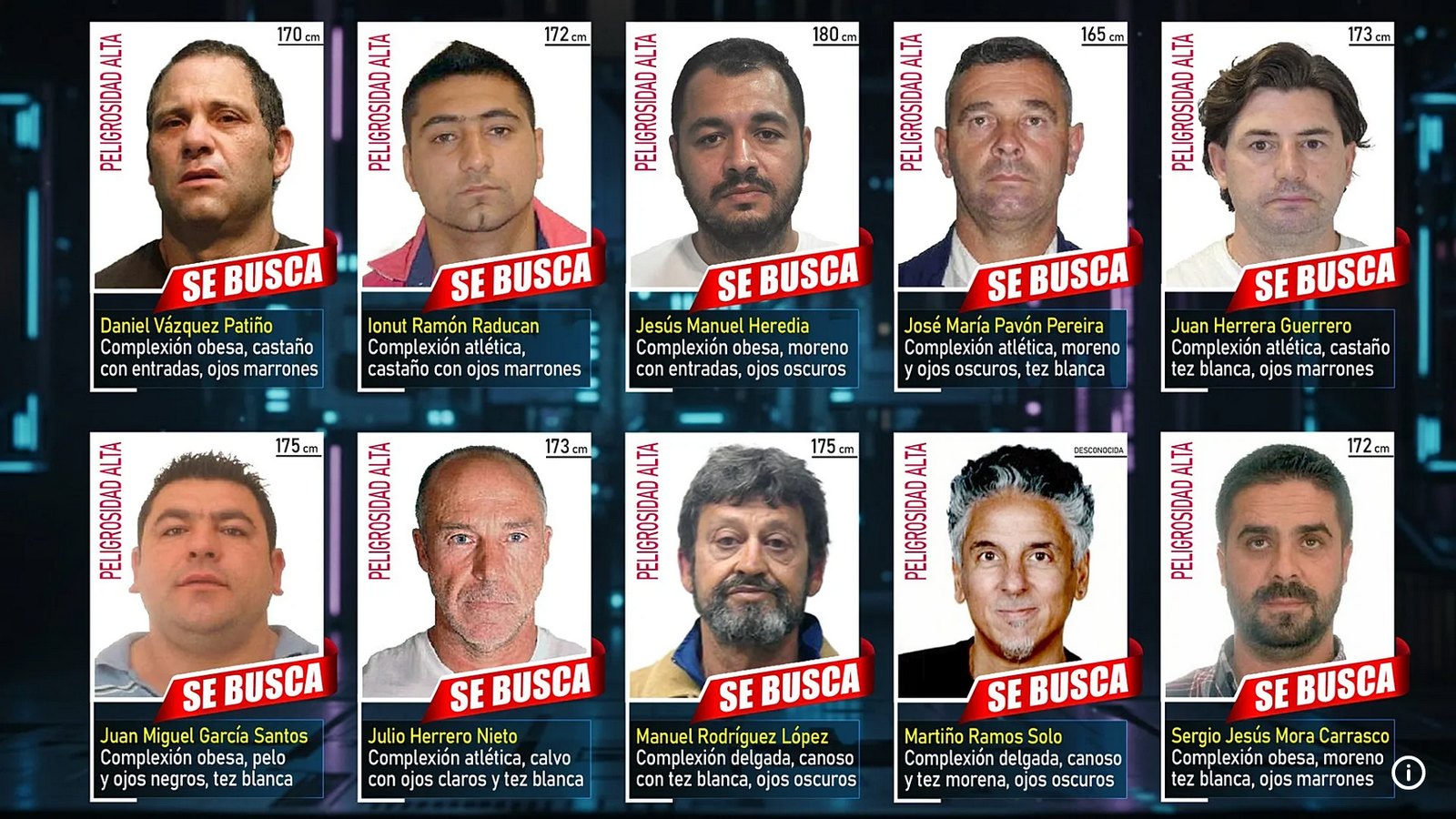 Imagen difundida este lunes por la Policía Nacional española con los 10 fugitivos más buscados.